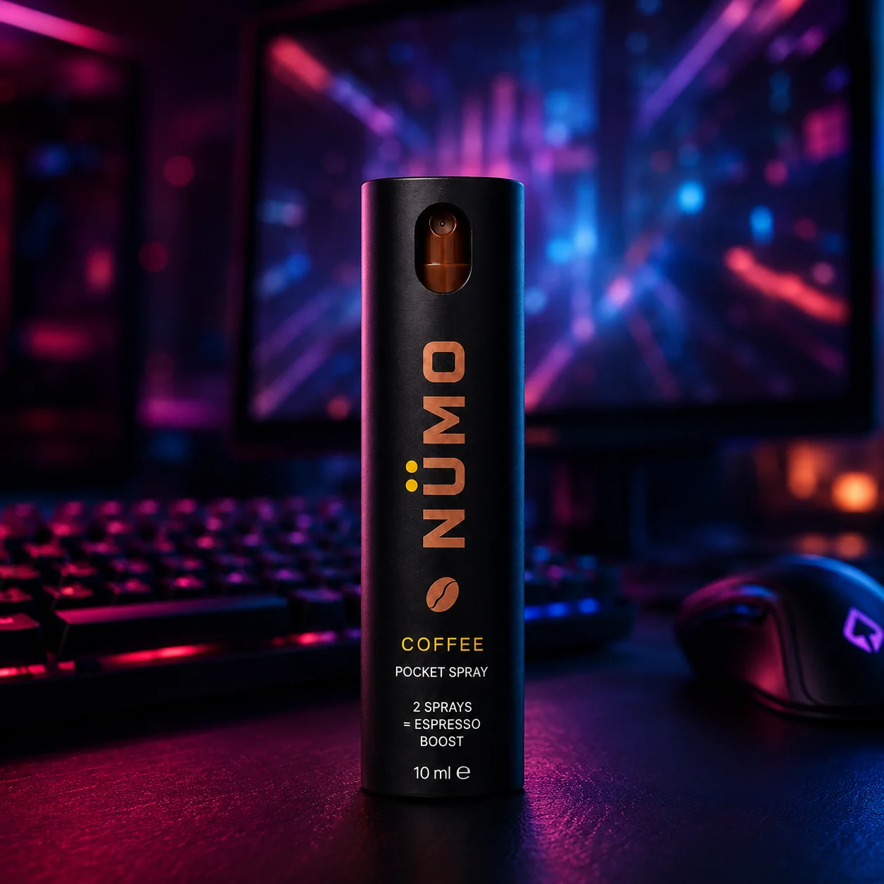 NÜMO sobre un setup de gaming con teclado RGB y monitor de neón